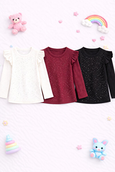 mini kanka 3 τεμάχια για κορίτσια, μαύρο-άσπρο-μπορντό, με βολάν, μακρυμάνικο...