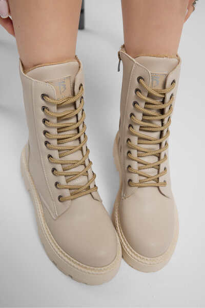 Tonny Black Women's Beige Leather Thermo Sole Boots with Double Buckle Lacing...