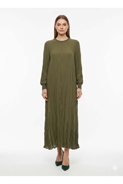 Micca İpekche Soft Kraş Ribana Kol ve Yaka Detaylı Elbise-Haki
