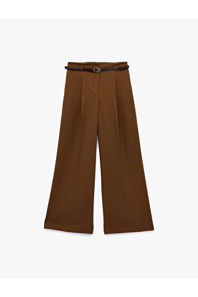 Koton Wide Leg Belted Palazzo Trousers with Pile Detail and Pockets