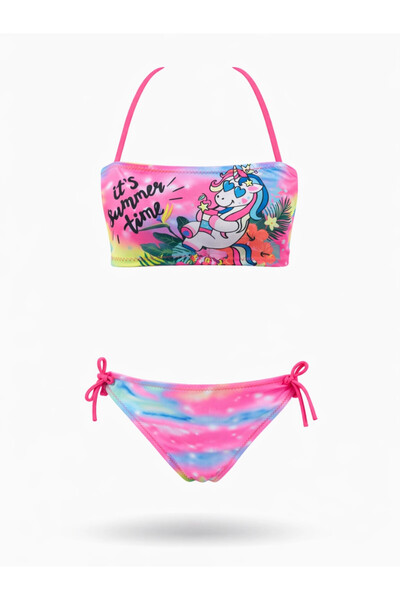 hazelin Girl's Light Pink Patterned Strapless Bikini Set for Ages 2-8 Hzl24S-...