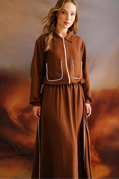 Micca Biye Detaylı Alt Üst İpekçe Kombin Takım-Kahve