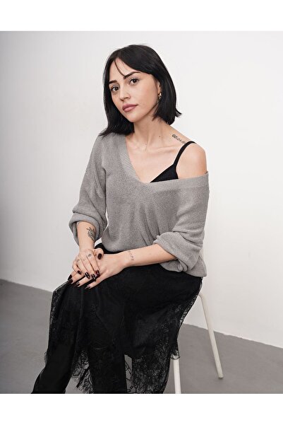 sumoda Women's Knitwear Sweater Front Back V-Neck Balloon Sleeve Thin Merceri...