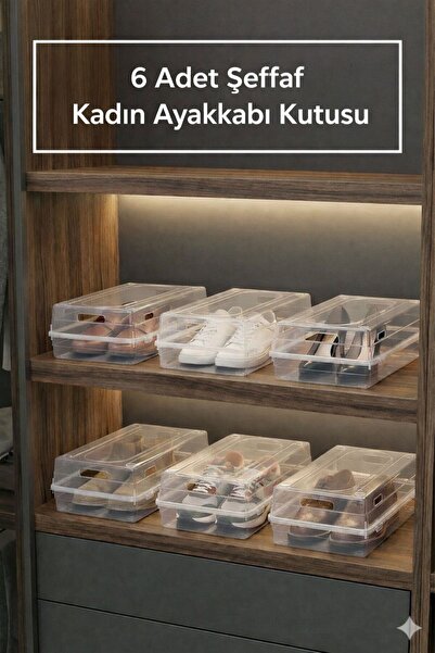 Lilya Home 6 Adet Kadın Ayakkabı Kutusu Şeffaf Ayakkabı Saklama Kutusu 10,5x2...