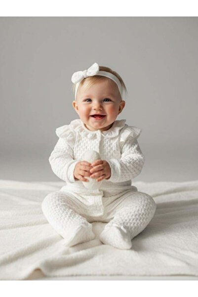 Zekids Baby Girl Textured Fabric Booties and Bandana Jumpsuit