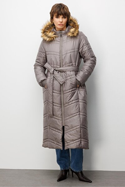 Micca Soft Elyaf Dolgulu Peluş Detaylı Astarlı Zamansız Kaban Manto-Vizon