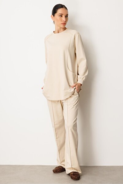 Micca Yüksek Soft Pamuk İçerikli Pis Dikiş Detaylı Basen Örten Pantolon ve Tu...