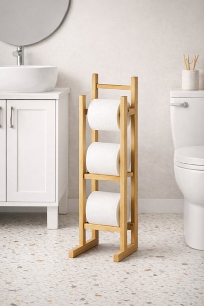 İndecor Houseware Bamboo Wooden Toilet Roll Holder with Refills Pedestal Wooden Bathroom Accessory Wc Paper Holder,Napkin Holder