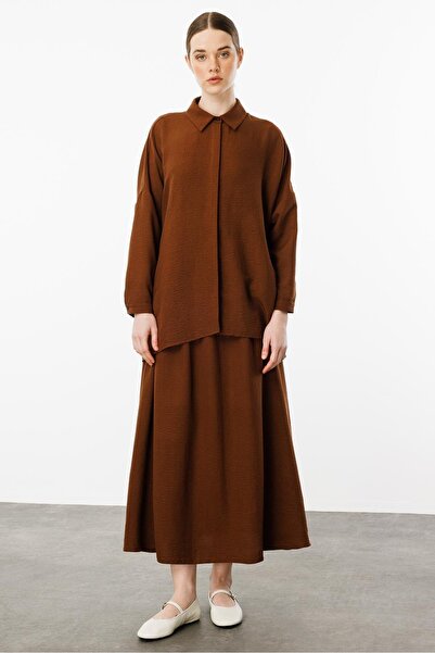 Micca Rahat,Hafif,Sade İpekçe Kumaş Basen Örten Tunik ve Etek Kombin Takım-Kahve