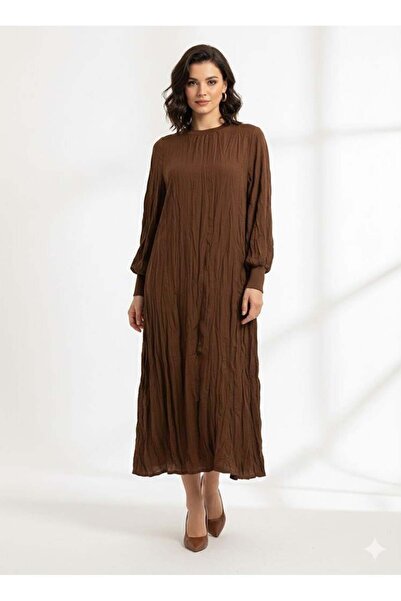 Micca İpekche Soft Kraş Ribana Kol ve Yaka Detaylı Elbise-Kahve