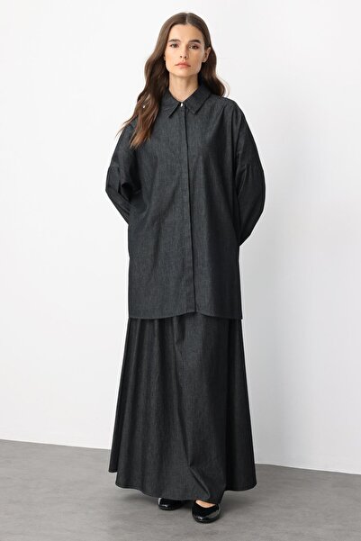 Micca RC Yaka Taş İşlemeli %100 Pamuk İnce Denim Etek Tunik Kombin Takım-Siyah