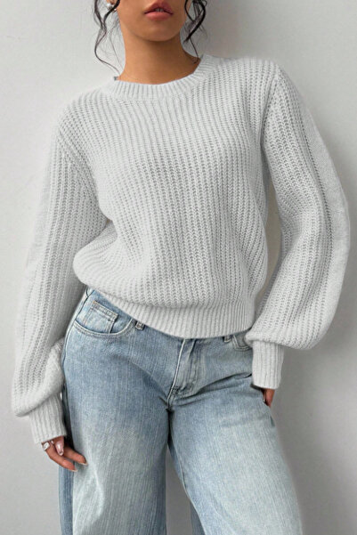 Tarz Cool Women's White Oversize Crew Neck Balloon Sleeve Ribbed Knit Sweater