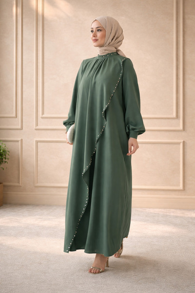 Abiye Diyarı فستان نسائي من قماش الكريب مزين باللؤلؤ والأحجار الكريمة من نازي...