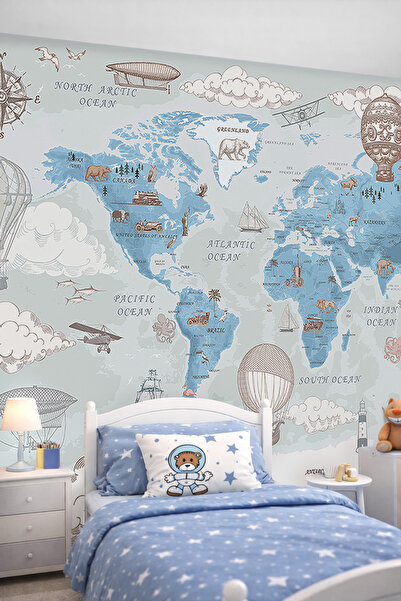 dreamwall Eğitici Dünya Haritası Tek Parça Tekstil Duvar Kağıdı - Mavi Macera...