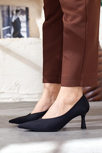 Adım Adım Pointed Toe Black Satin Heeled Shoes