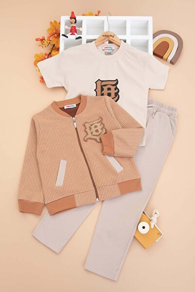 CUBBUX طقم أطفال من 3 قطع - سترة مطرزة بسحاب، تي شيرت مطبوع، وبنطلون قماشي