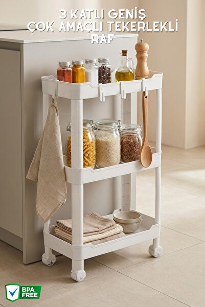Nandy Home 3 Katlı Geniş, Tekerlekli Düzenleyici Raf, Çok Amaçlı Tekerlekli O...