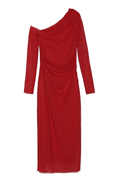 Quzu Tül Detaylı Kadın Elbise 31942 Kırmızı