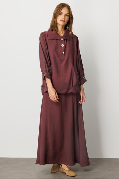 Micca Model (%90 Doğal İçerik) Dökümlü Soft Kumaş Etek Kombinli Aks Detaylı T...