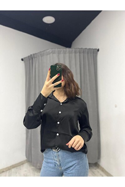 Store Kadın Siayh Saten Düğmeli Gömlek