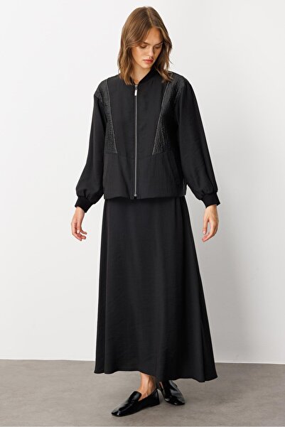 Micca Soft Modal (%90) İçerikli Jakar Ceket Detaylı Etekli Kombin Takım-Siyah