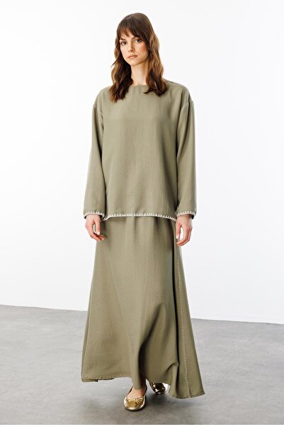Micca Kenar Nakış Detaylı İpekçe Doku Spor Etek Tunik Kombin Takım-Haki