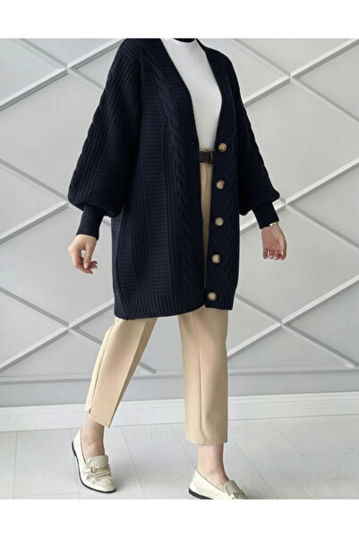 FLEX FASHION Women's Winter Hair Knit Popular Trend Dark Blue Knitwear Cardigan