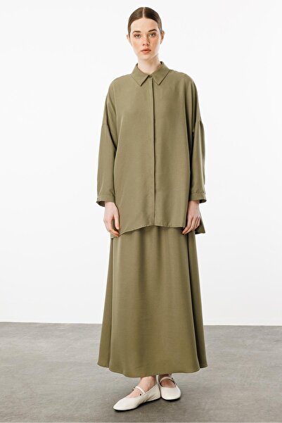 Micca Rahat,Hafif,Sade İpekçe Kumaş Basen Örten Tunik ve Etek Kombin Takım-Haki
