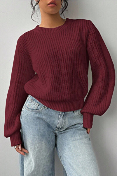 Tarz Cool Women's Burgundy Oversize Crew Neck Balloon Sleeve Ribbed Knit Sweater