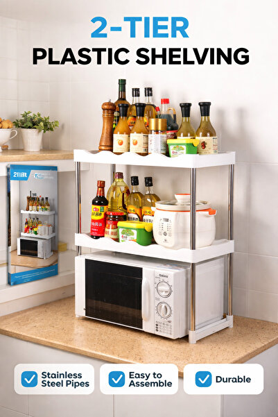 Otto 2-Tier Plastic Kitchen Shelf with Stainless Steel Pipes, Appliance Organ...