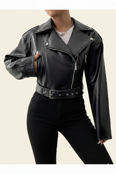 Orions Collection New Season Belted Oversize Crop Leather Jacket