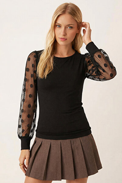 armonika Women's Black Round Neck Tulle Sleeve Blouse Arm-26K001093