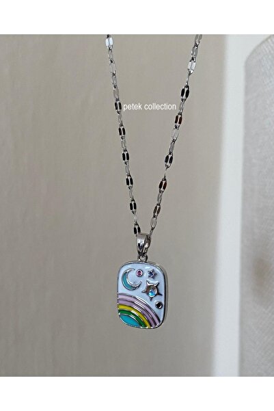 Petek Collection Colorful Enamel, Silver Color, Card Model Steel Necklace