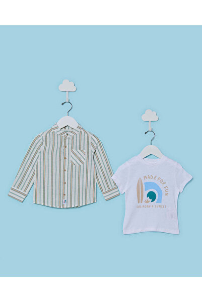 REDTAG Infant Boys White And Beige Striped Shirt Set (2 Piece)