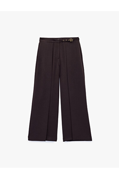 Koton Crepe Fabric Belted Long Wide Straight-Leg Capped Fabric Trousers