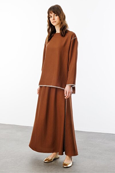 Micca Kenar Nakış Detaylı İpekçe Doku Spor Etek Tunik Kombin Takım-Kahve