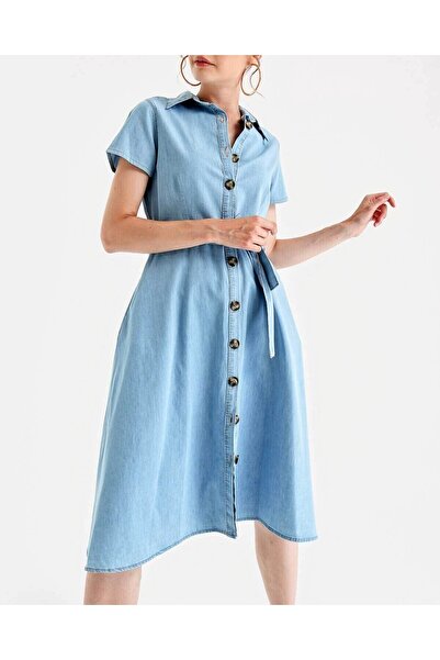 Modamorfo 1677 Belted Denim Dress with Buttons - Blue
