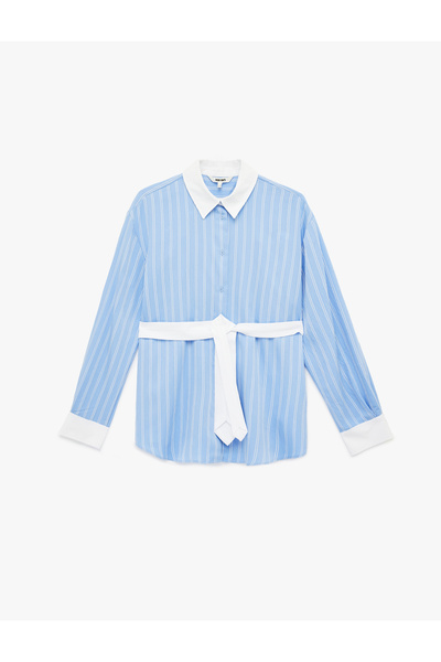 Koton Viscose Fabric Long Sleeve Striped Shirt with Belt Detail