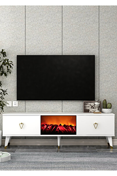 DEMONTE DECOR TV0051-TXA150DD-1 ŞÖMİNELİ TV SEHPASI BEYAZ-ALTIN KULP
