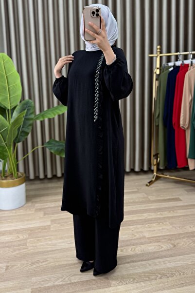 Hürrem Simge Takım Kadın Siyah Ayrobin Kumaş 2'li Pantolon Tunik Set