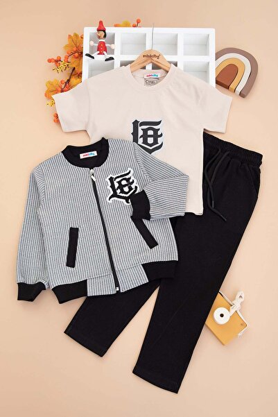 CUBBUX طقم أطفال من 3 قطع - سترة مطرزة بسحاب، تي شيرت مطبوع، وبنطلون قماشي