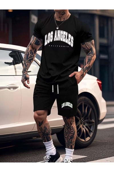 PAVRO Unisex Oversize Shorts Set Top and Bottom Two-Piece Comfortable Los Cal...