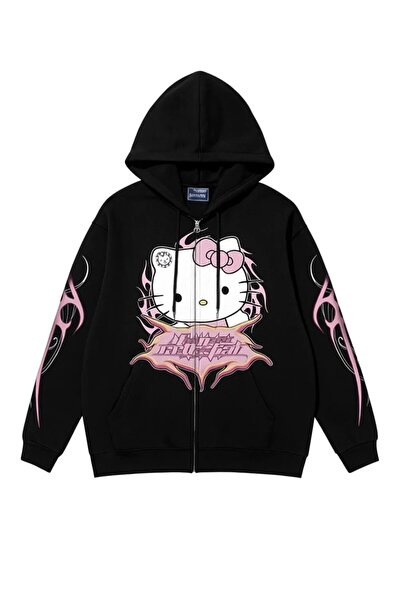 AZIZI TEKSTIL Ζακέτα με στάμπα Oversize Μαύρη Unisex με κουκούλα με φερμουάρ