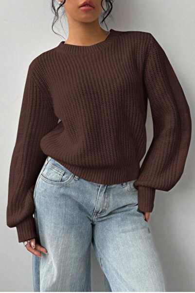 Tarz Cool Women's Brown Oversize Crew Neck Balloon Sleeve Ribbed Knit Sweater