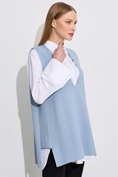 Tığ Triko V Yaka Rayon Süveter MAVİ