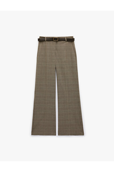 Koton Belted Wide-Leg Fabric Plaid Trousers with Pockets
