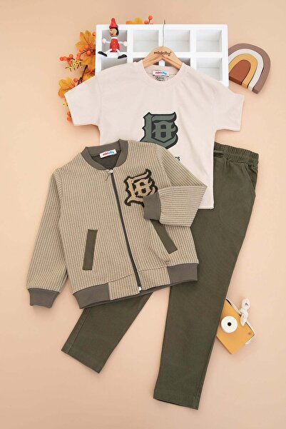 CUBBUX طقم أطفال من 3 قطع - سترة مطرزة بسحاب، تي شيرت مطبوع، وبنطلون قماشي