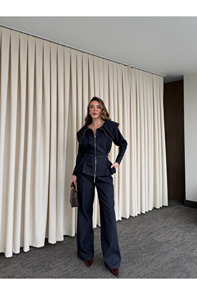 Laluvia Navy Blue Design Denim Suit - 8002