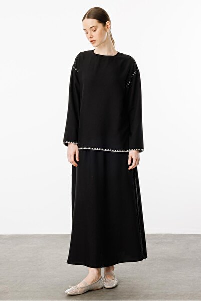 Micca Kenar Nakış Detaylı İpekçe Doku Spor Etek Tunik Kombin Takım-Siyah