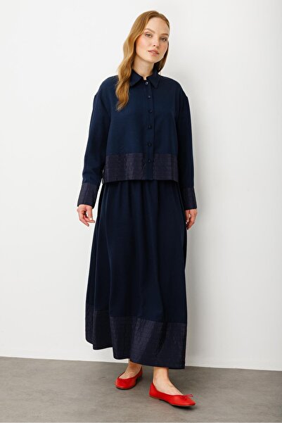 Micca Poly cupra Dikiş Detatlı İpekçe Etek Ceket Kombin Takım-Laci